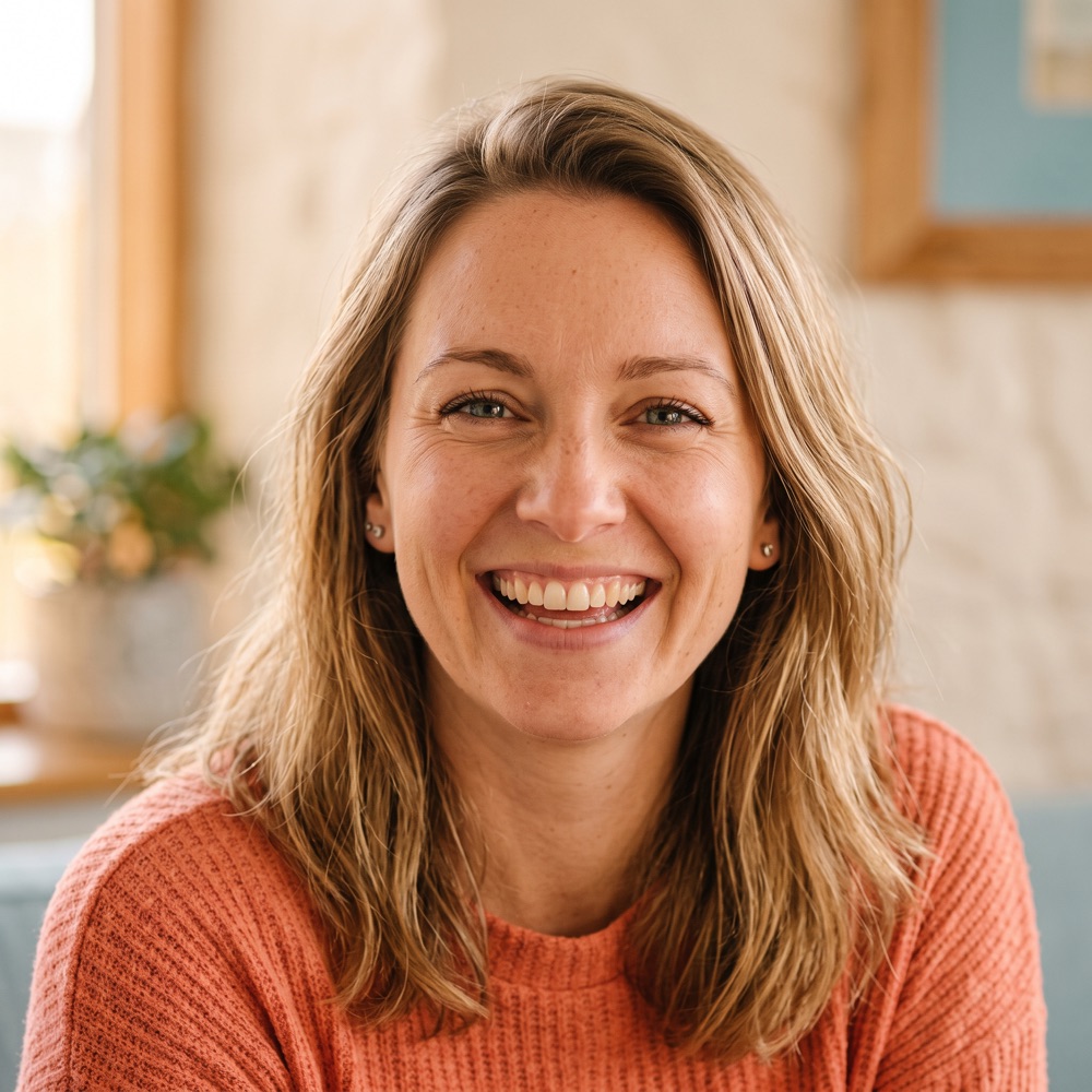 A mom laughing in a sunlit kitchen